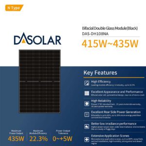 430W N type double glass solar panel - 430W NTYPE Solar Panel for House Roof project Half cult cell Biaficial double glass DAS-DH108A. Making it ideal for residential applications.